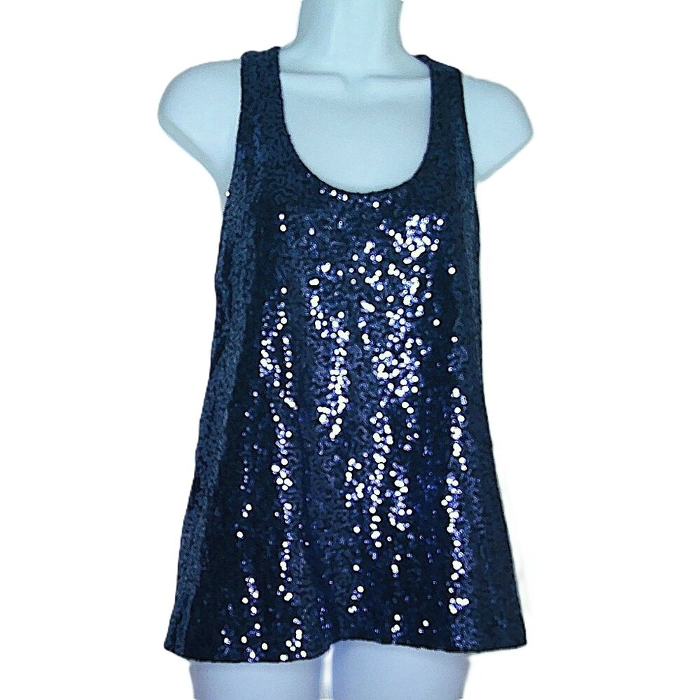 New DKNY Sequinned Top Midnight Bue Racerback Stretch Dressy Party Stretch Sz L